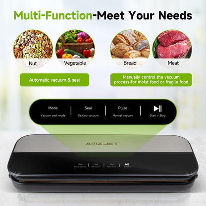 Amz Jet Food Sealer Vacuum Sealer Stainless Steel LED Touch 50Bags Grayish Black