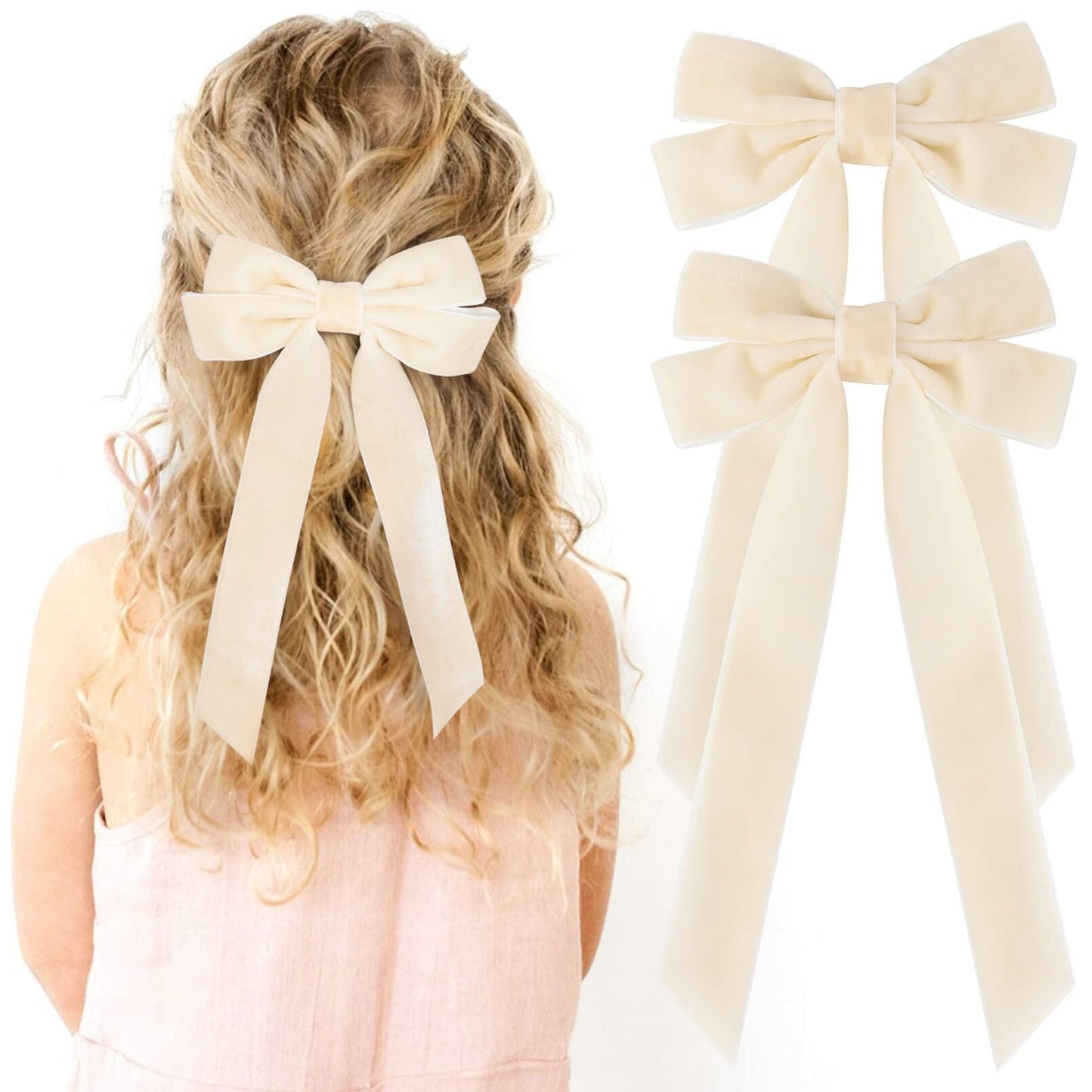 Aileam 2PCS Velvet Hair Bows Ivory Beige Big Fall Alligator Clips