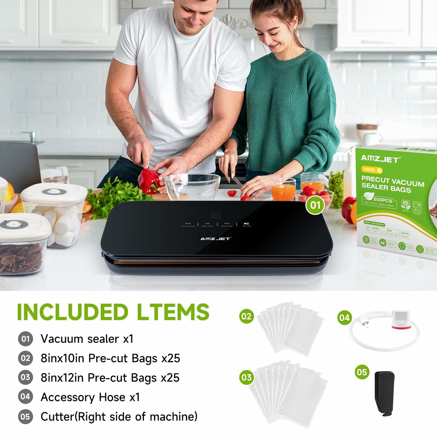 Amz Jet Vacuum Sealer Food LED Touch Digital Display Tempered Glass Black 50Bags