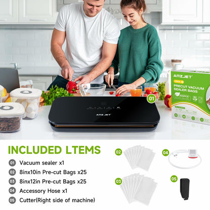 Amz Jet Vacuum Sealer Food LED Touch Digital Display Tempered Glass Black 50Bags