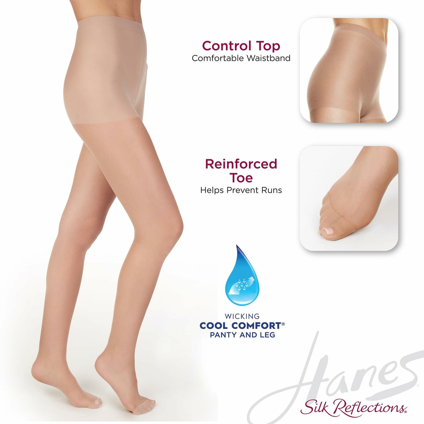 Hanes Silk Reflections Control Top Sheer Pantyhose Reinforced Toe Natural IJ