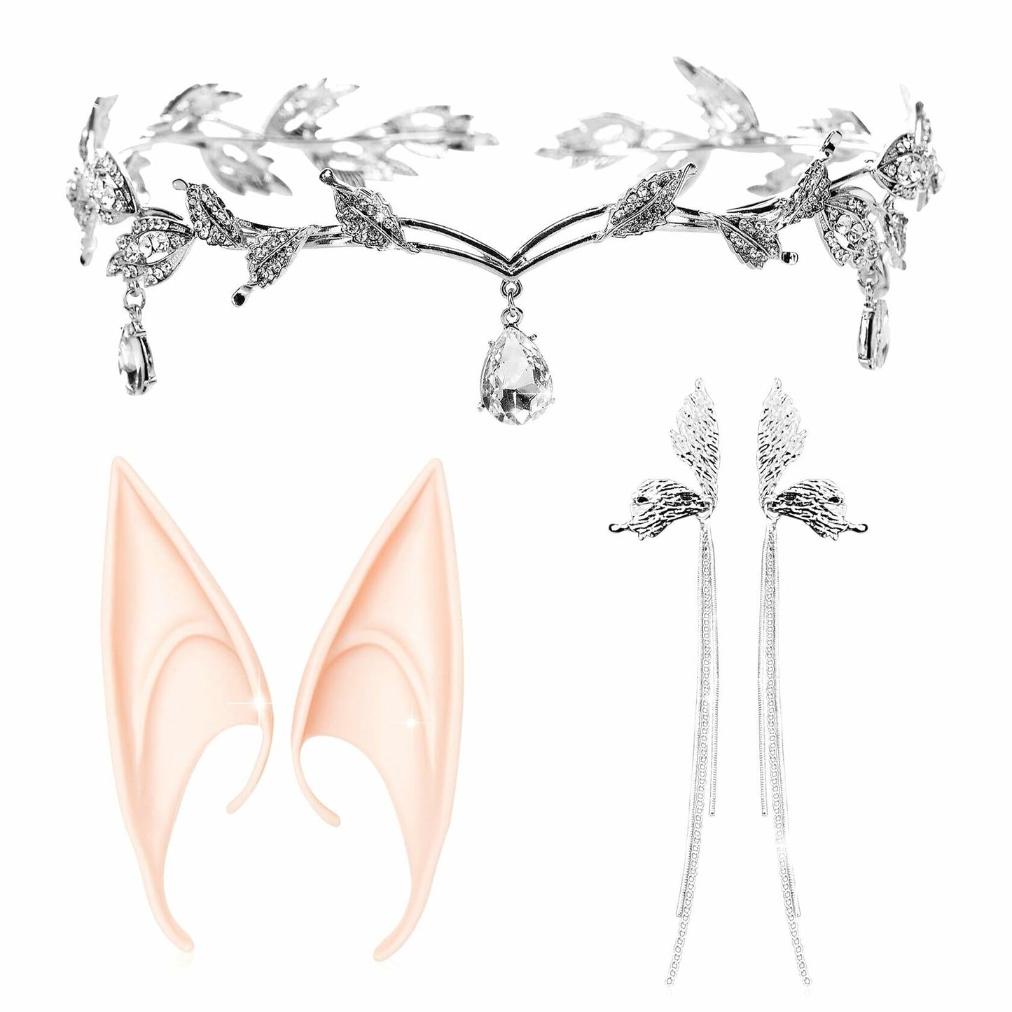 JeVenis Set of 3 Silver Elf Headpieces Elf Ears Crown Fairy Jewelry