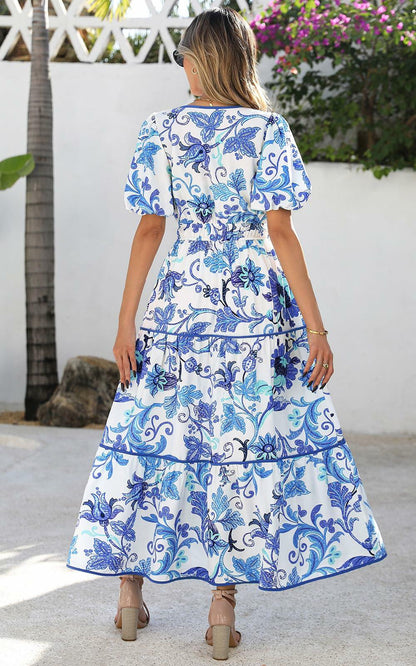 PRETTYGARDEN Summer V Neck Puff Sleeve A-Line Floral Maxi Dress White Blue M