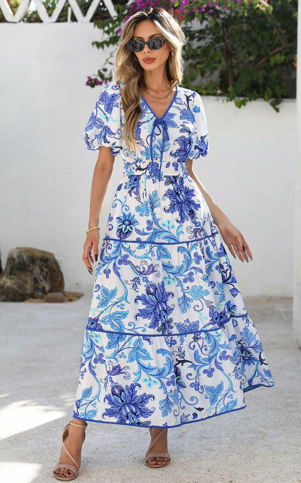 PRETTYGARDEN Summer V Neck Puff Sleeve A-Line Floral Maxi Dress White Blue M