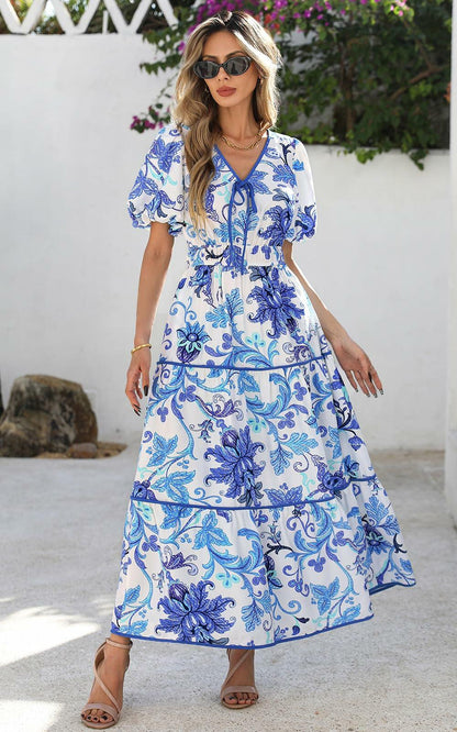 PRETTYGARDEN Summer V Neck Puff Sleeve A-Line Floral Maxi Dress White Blue M