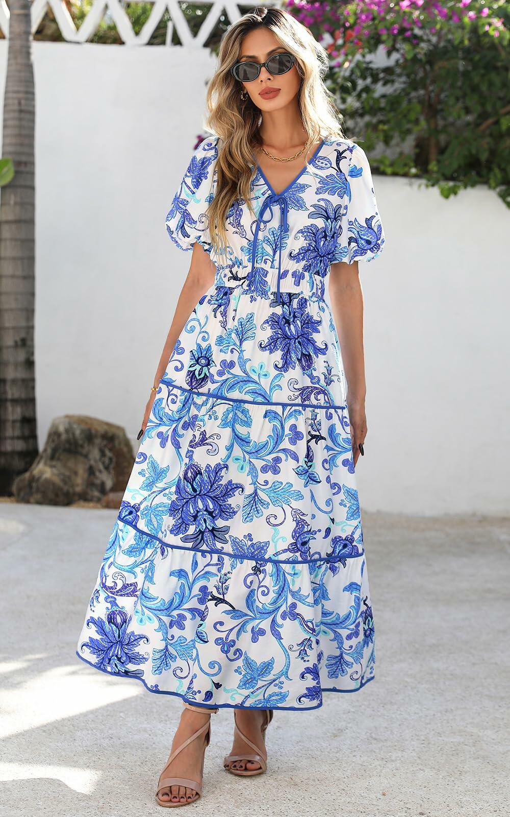 PRETTYGARDEN Summer V Neck Puff Sleeve A-Line Floral Maxi Dress White Blue M