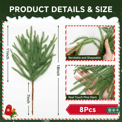 HUZIYAHAN Christmas Norfolk Pine Stems 18in Green Branches 8 Count