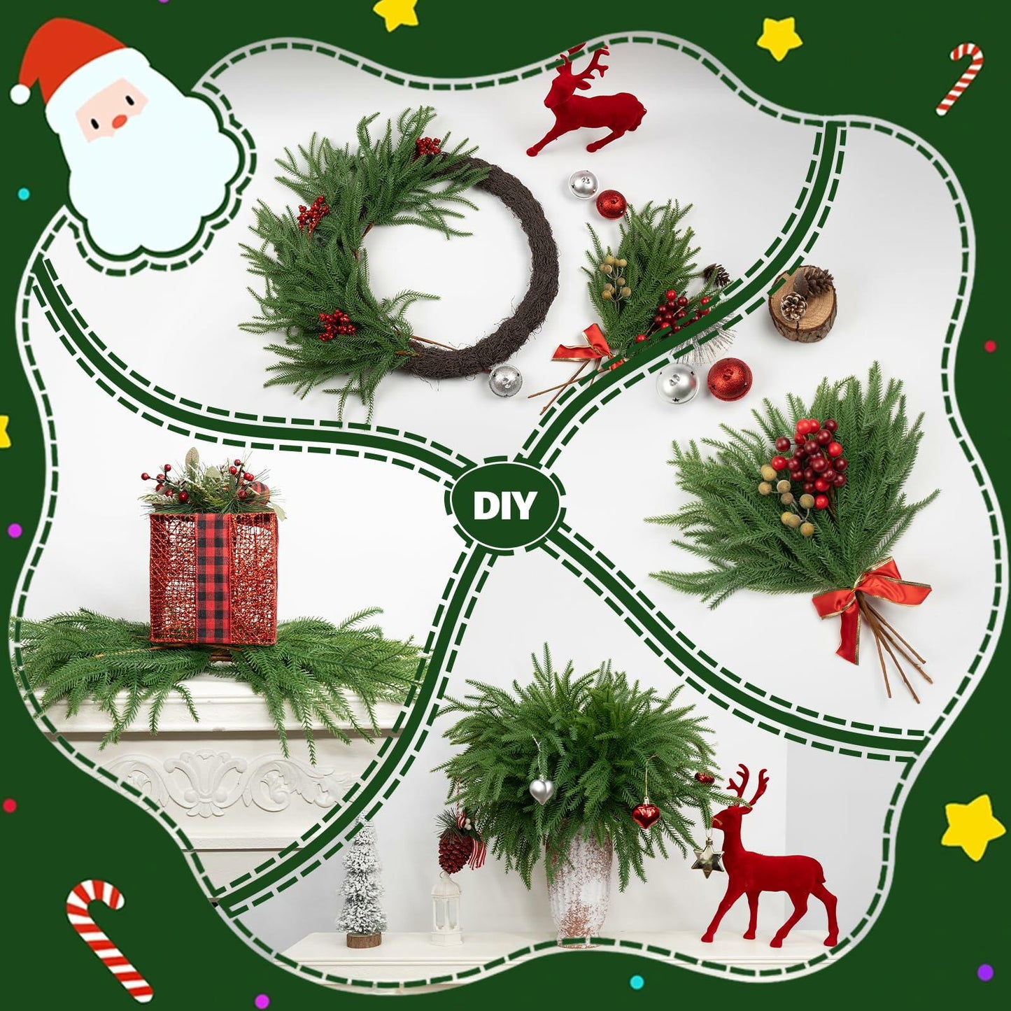 JDKPK 12 Pcs Norfolk Pine Branch 18" Artificial Greenery Green
