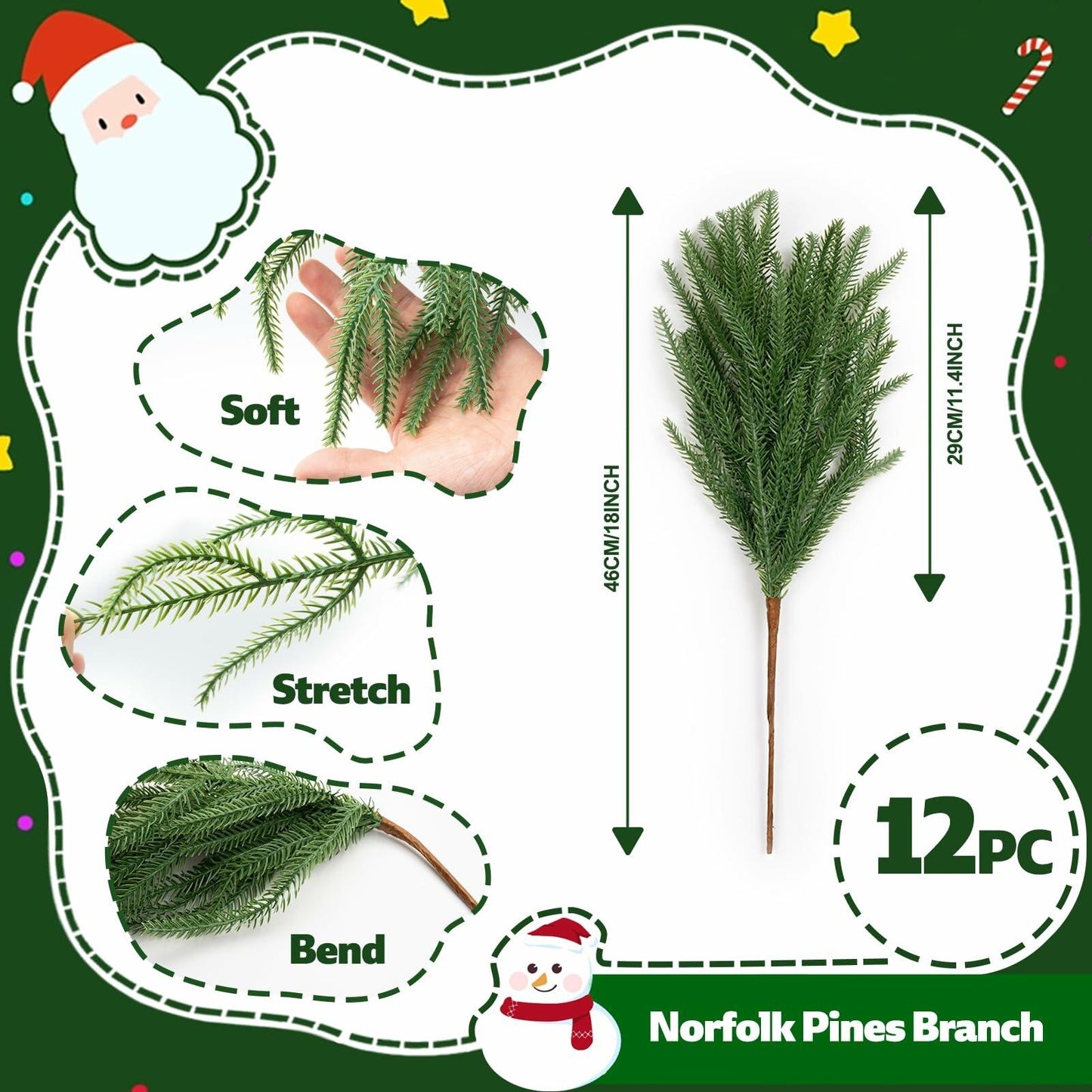 JDKPK 12 Pcs Norfolk Pine Branch 18" Artificial Greenery Green