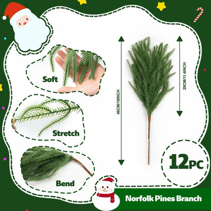 JDKPK 12 Pcs Norfolk Pine Branch 18" Artificial Greenery Green