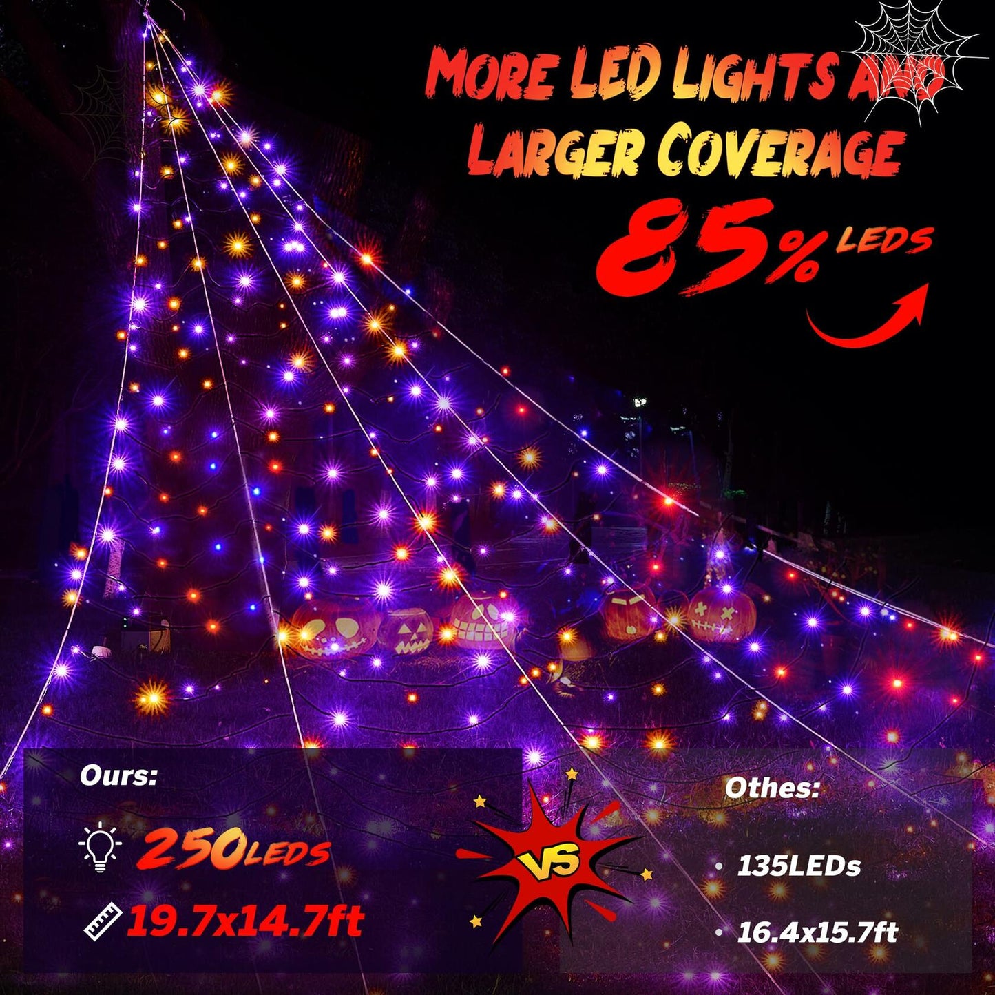 BlcTec Halloween Outdoor Spider Web 19.7x14.7ft White 250 LED Purple Orange