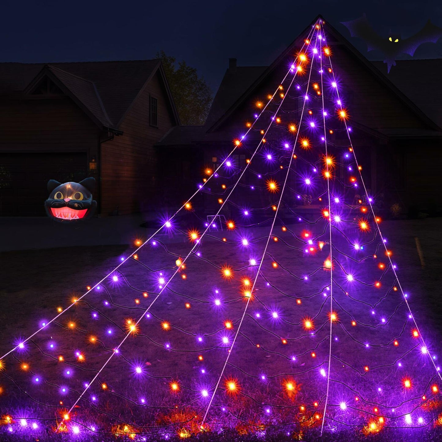 BlcTec Halloween Outdoor Spider Web 19.7x14.7ft White 250 LED Purple Orange