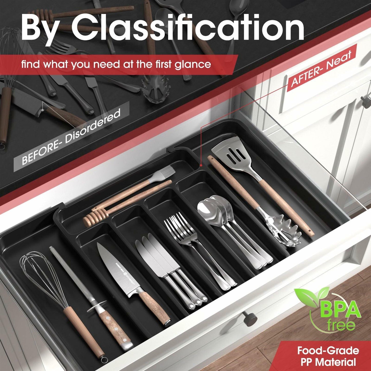 Aujen Expandable Silverware Organizer Kitchen Drawer Tray Black Medium