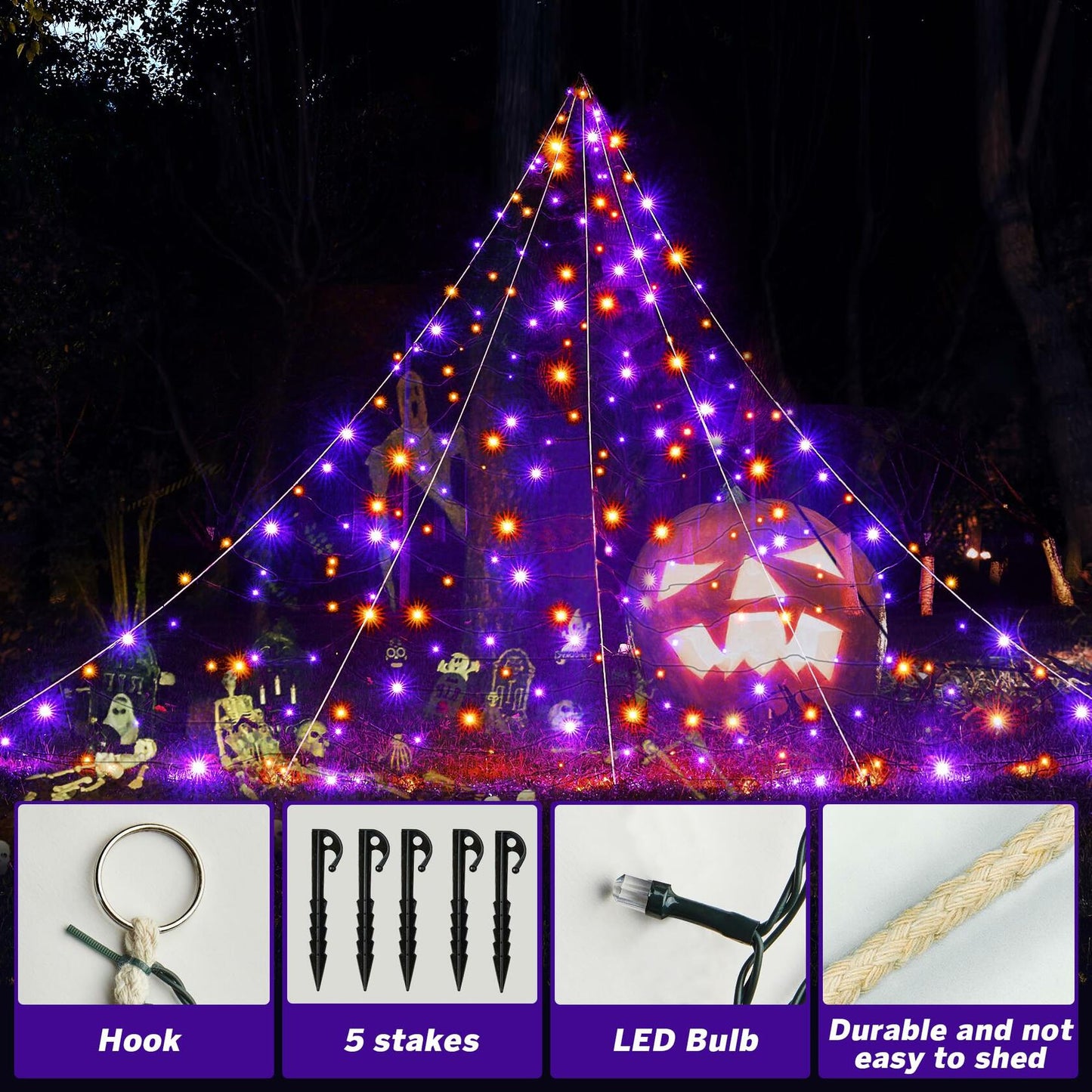 BlcTec Halloween Outdoor Spider Web 19.7x14.7ft White 250 LED Purple Orange