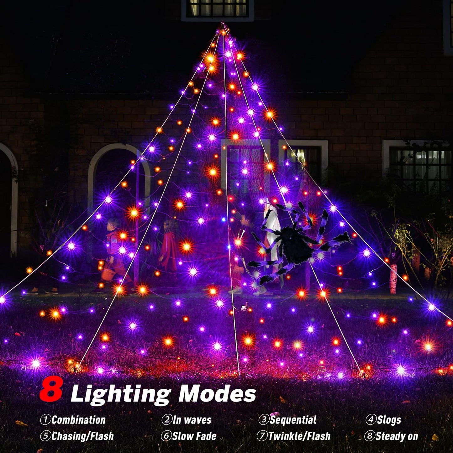 BlcTec Halloween Outdoor Spider Web 19.7x14.7ft White 250 LED Purple Orange