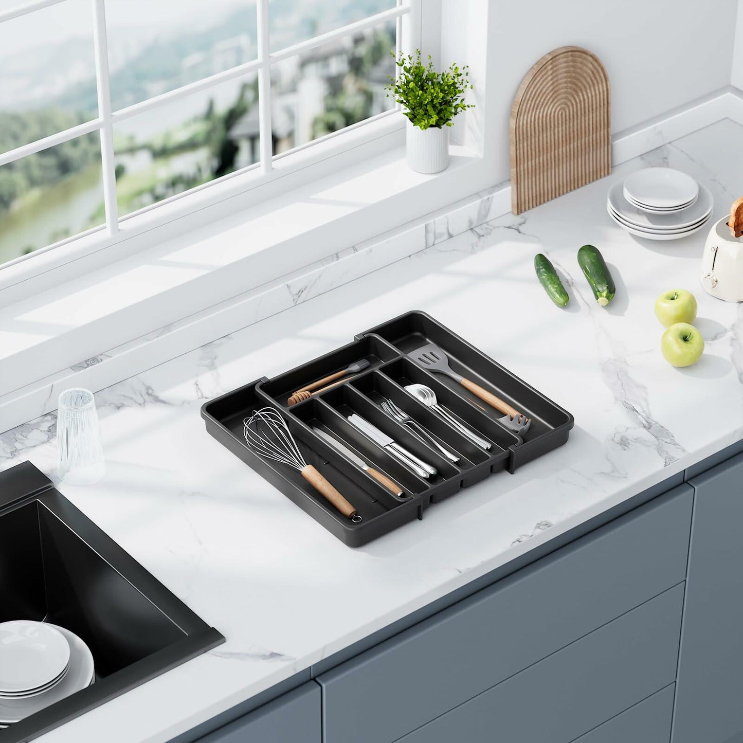 Aujen Expandable Silverware Organizer Kitchen Drawer Tray Black Medium