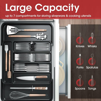 Aujen Expandable Silverware Organizer Kitchen Drawer Tray Black Medium