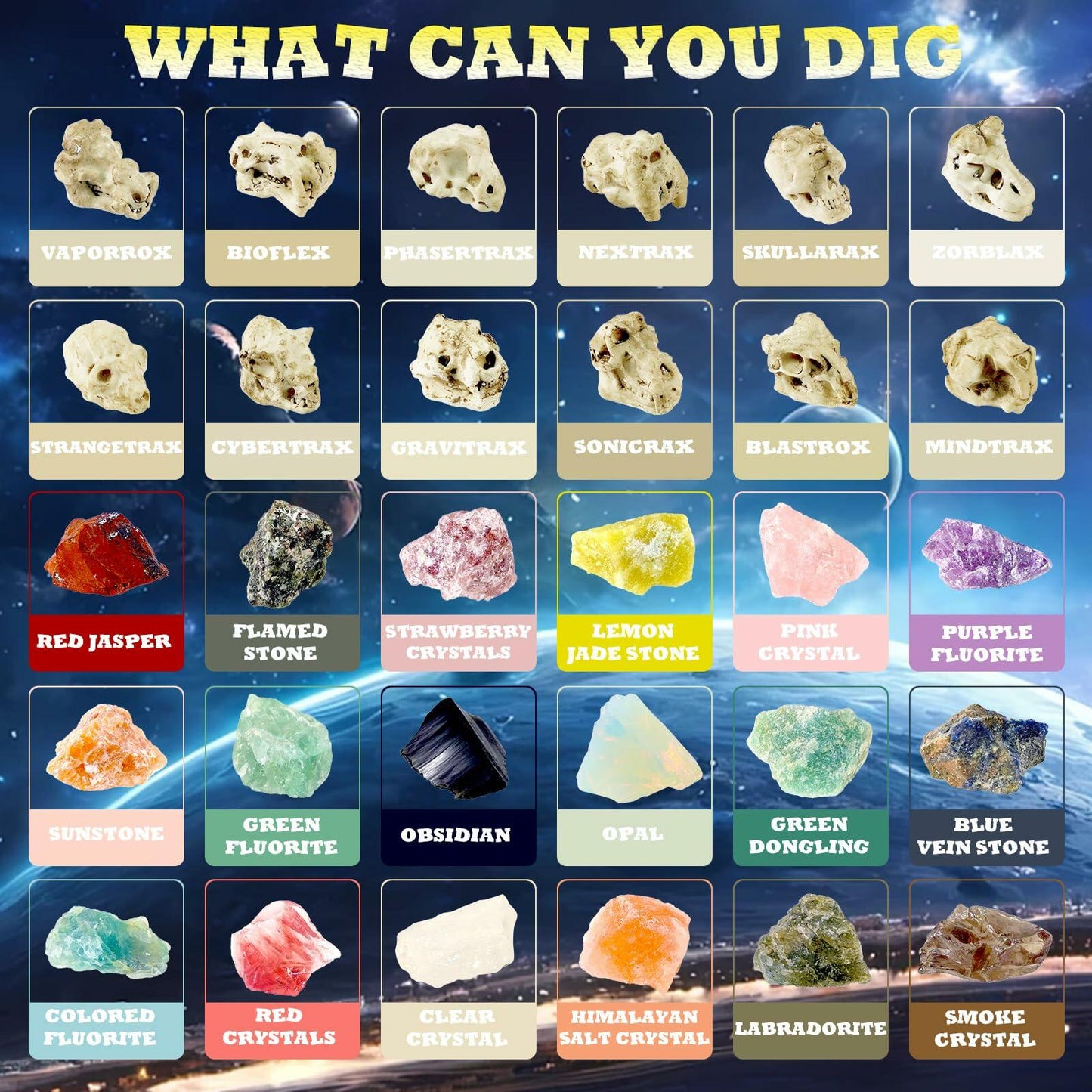 Hiawbon Gemstones Dig Kit 6 Planets 12 Skulls 18 Gems Space Kit
