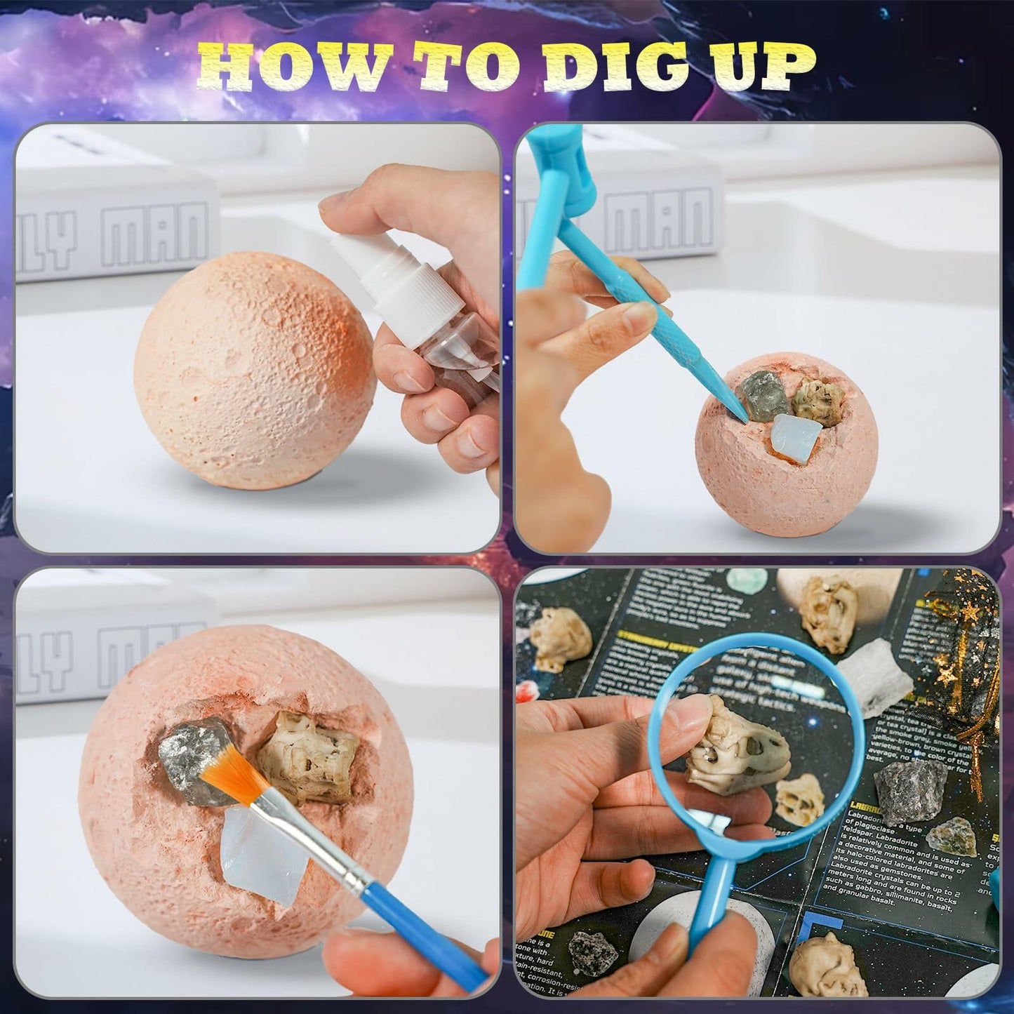 Hiawbon Gemstones Dig Kit 6 Planets 12 Skulls 18 Gems Space Kit