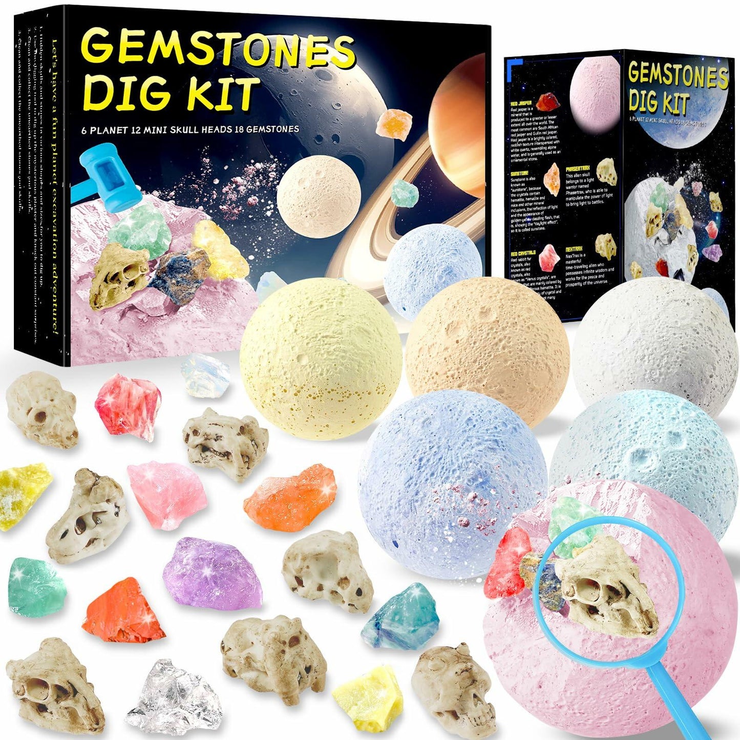 Hiawbon Gemstones Dig Kit 6 Planets 12 Skulls 18 Gems Space Kit