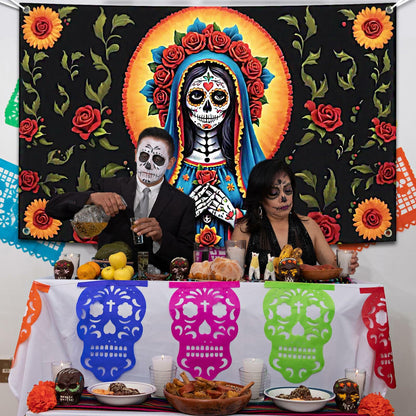 Pardi Day of the Dead Backdrop Banner Floral Black Red Mexican Fiesta Decor