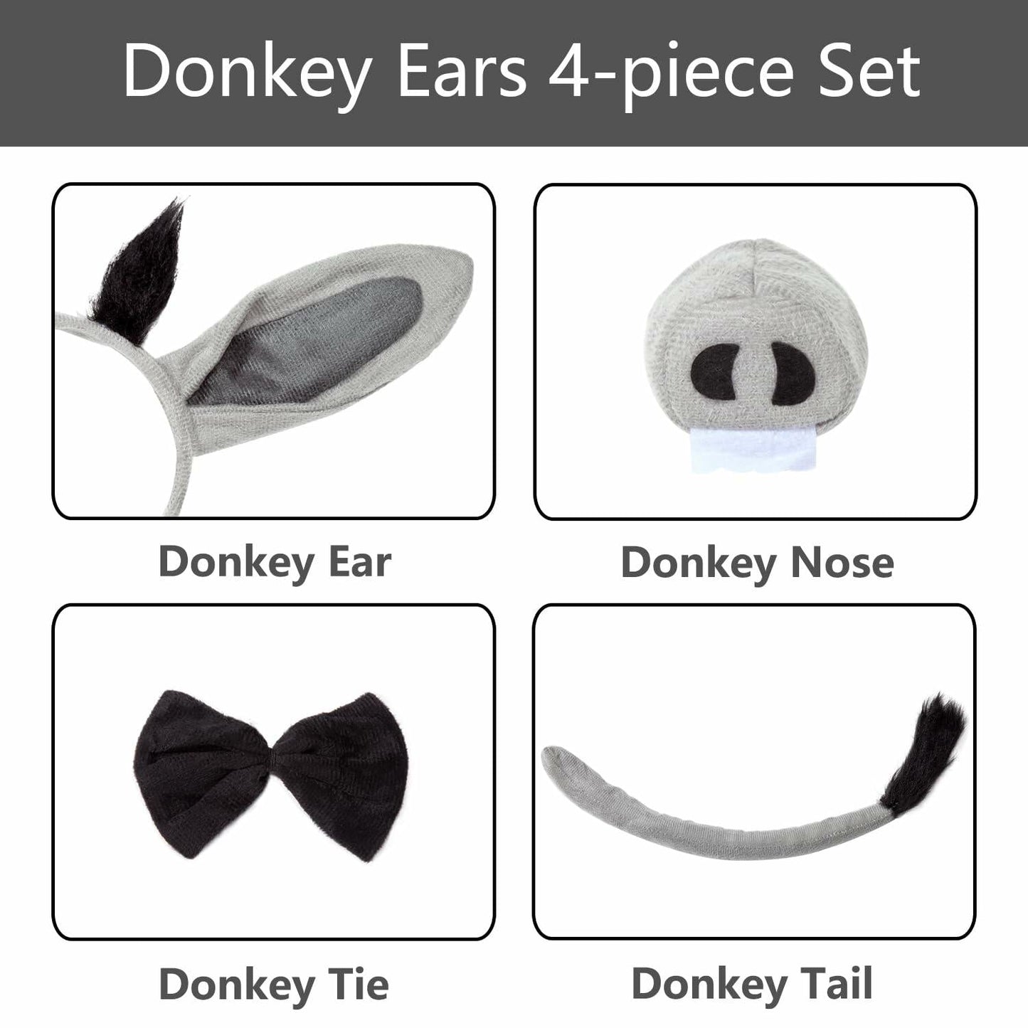 JIALWEN Donkey Costume Set Ears Nose Tail Bowtie Animal Kit Gray One Size