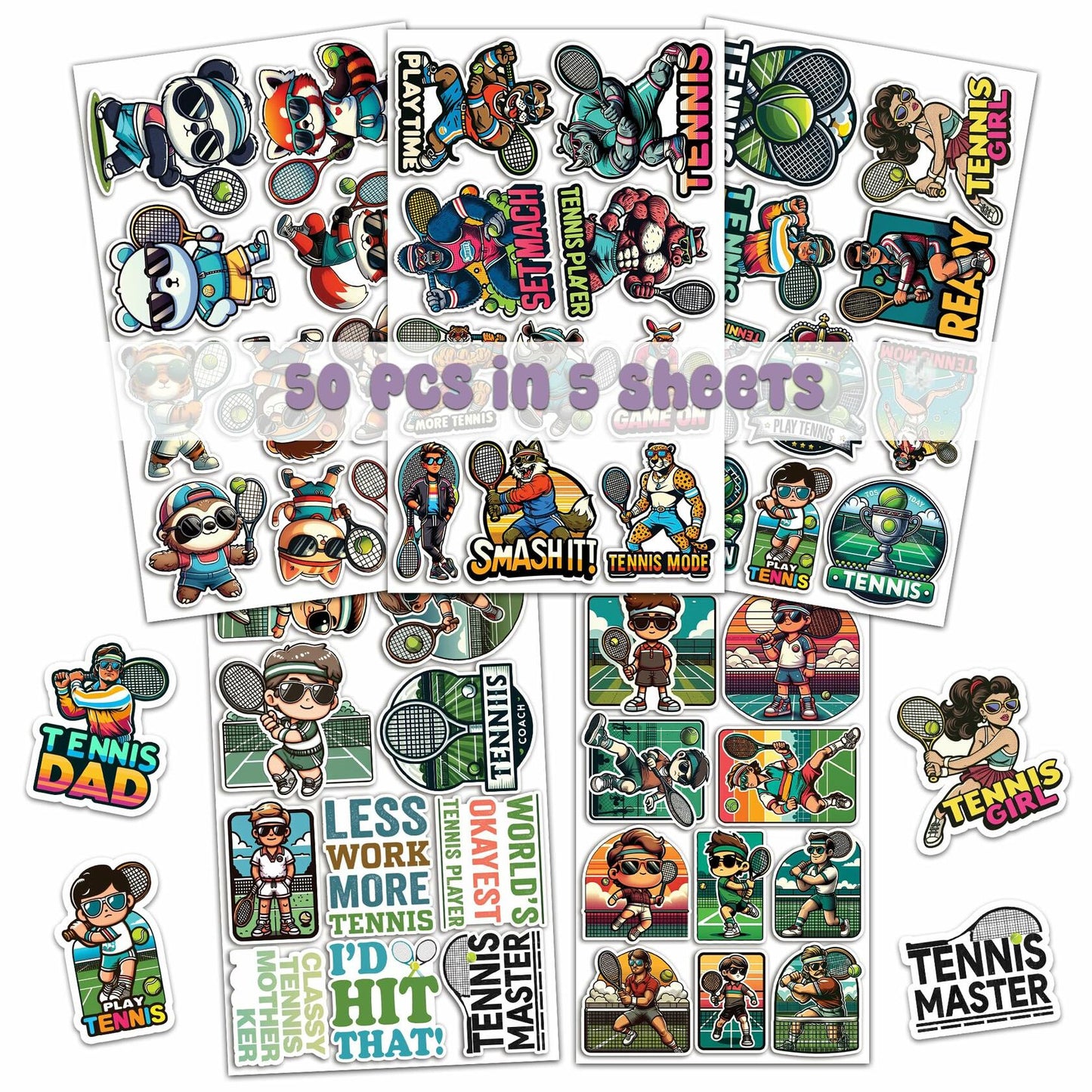 BIGZORO Tennis Stickers Waterproof Vinyl Decals 50 PCS Cartoon Sport