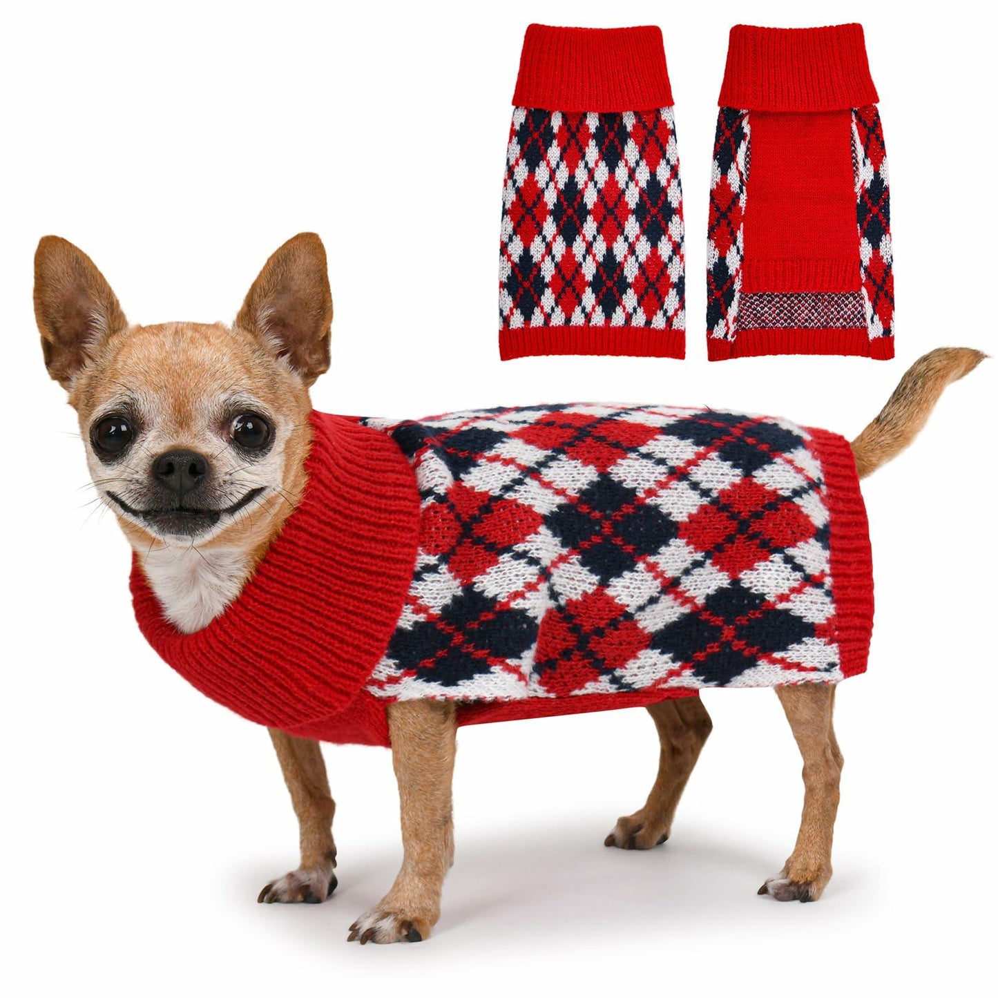 KCFESTIHUE Dog Sweater Plaid Knit Turtleneck Pullover Red Blue Size XS
