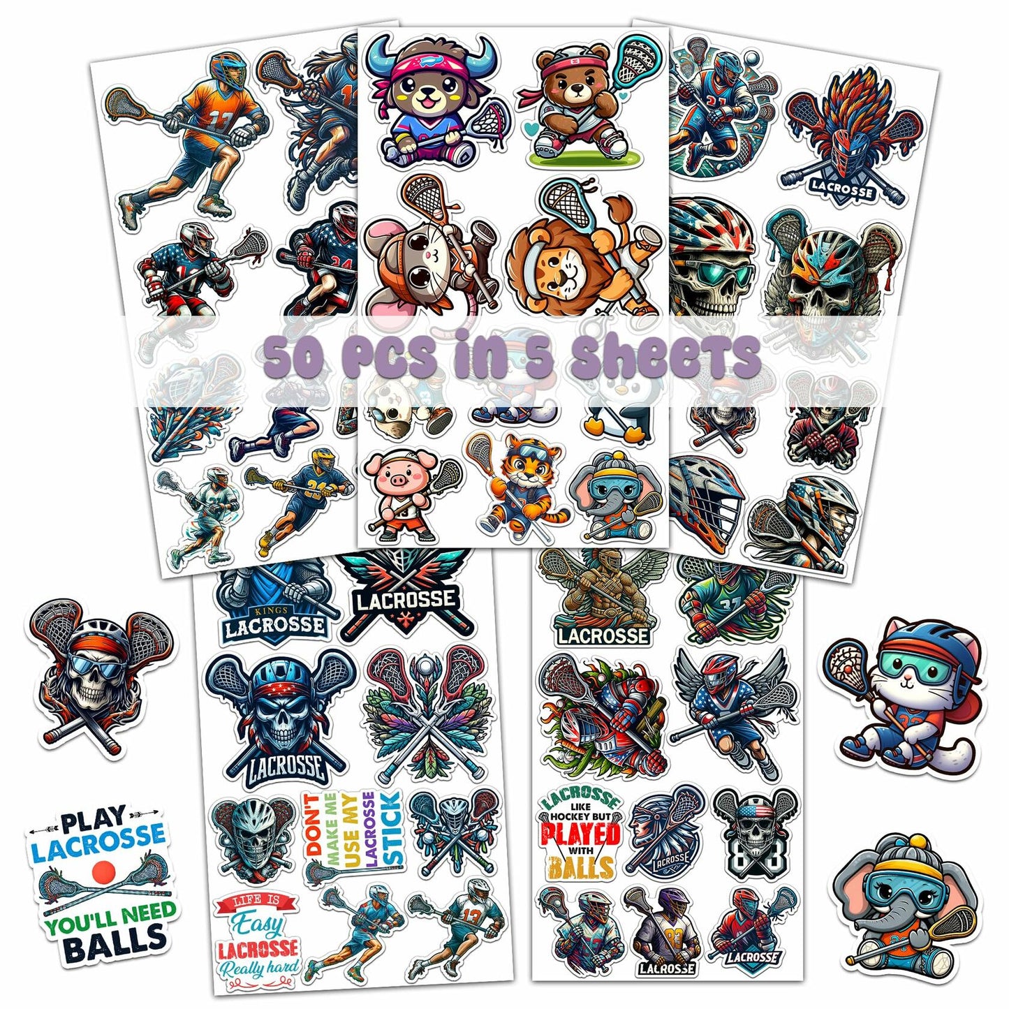 BIGZORO Lacrosse Stickers Waterproof Vinyl Decals 50 PCS Cartoon