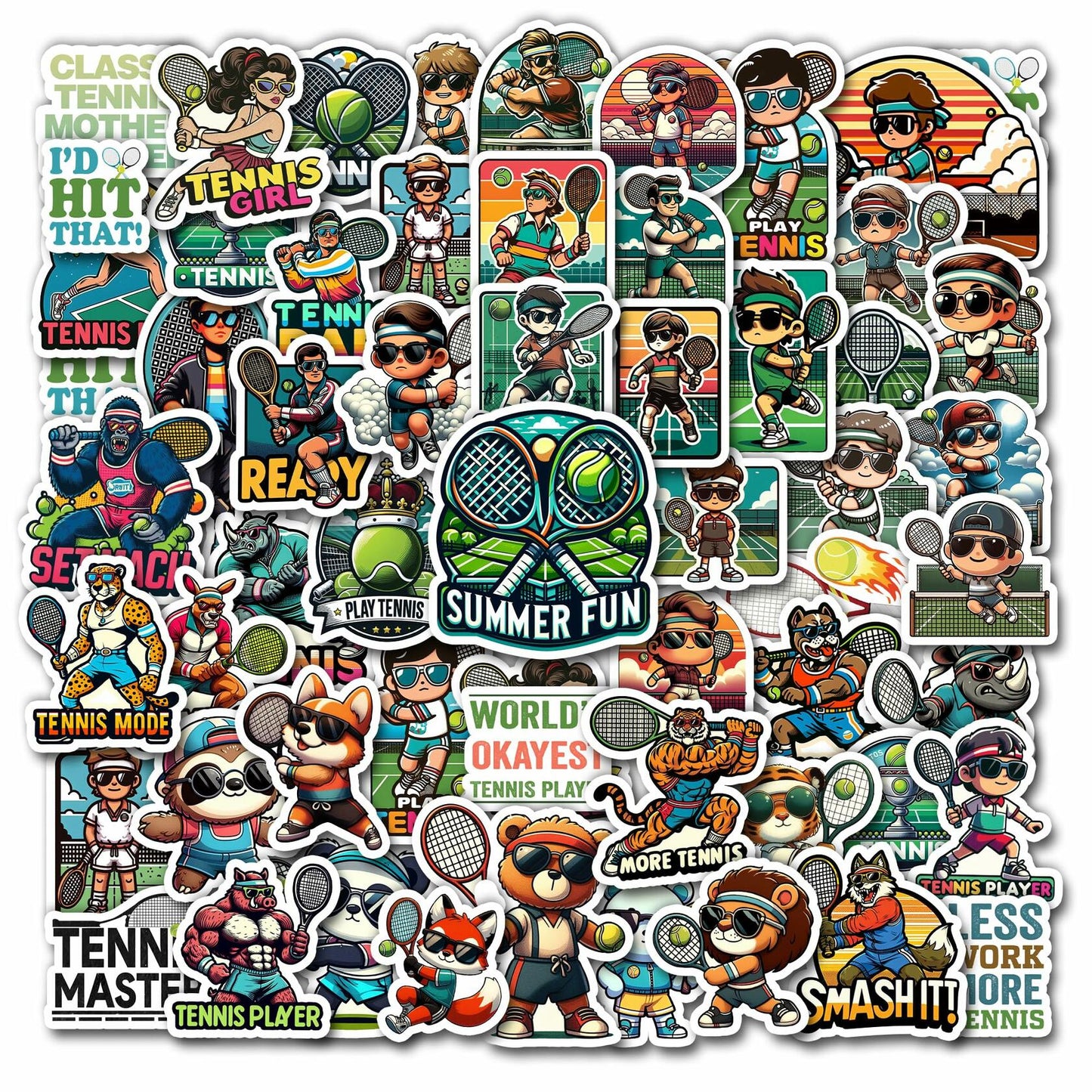 BIGZORO Tennis Stickers Waterproof Vinyl Decals 50 PCS Cartoon Sport