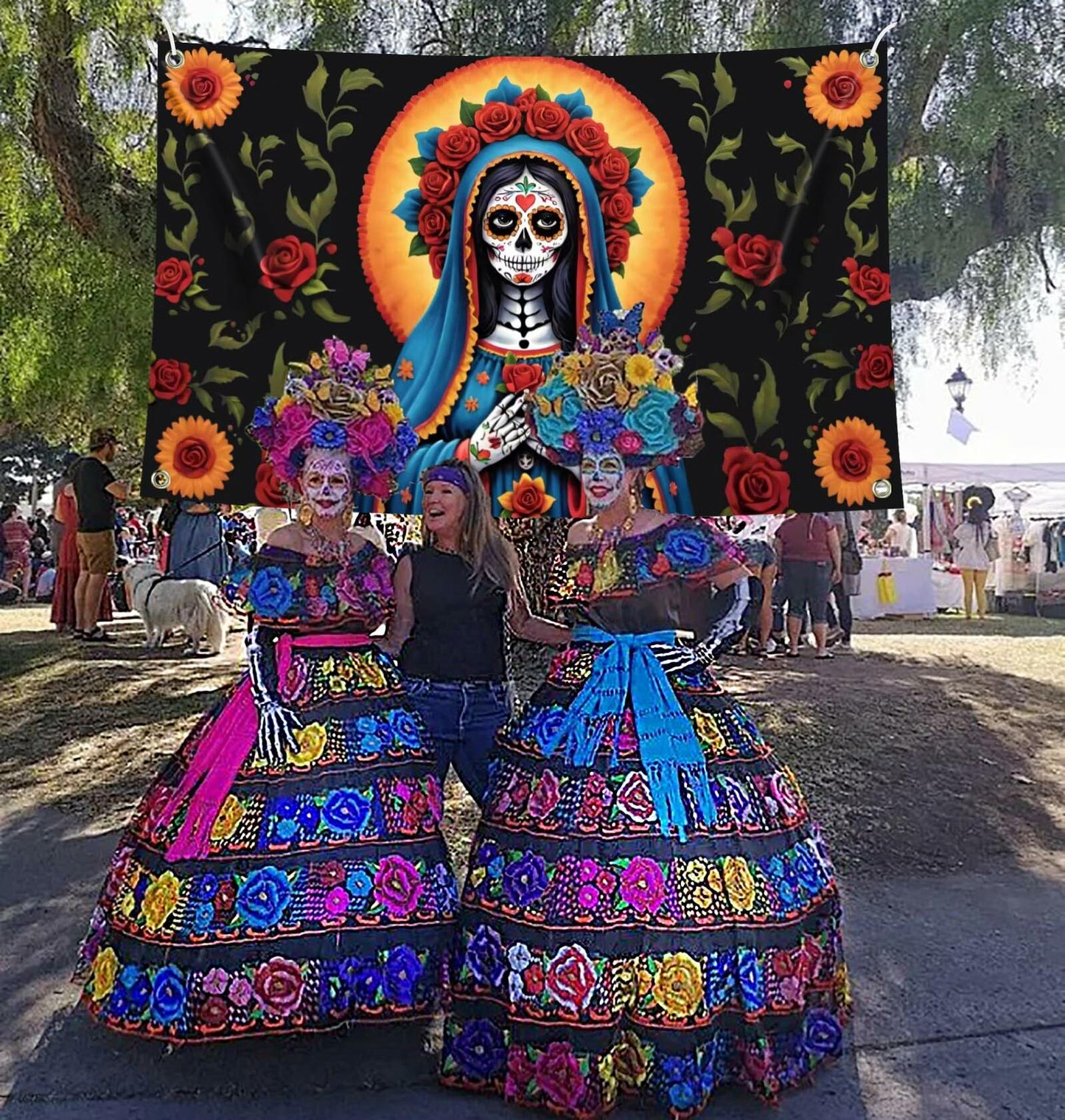 Pardi Day of the Dead Backdrop Banner Floral Black Red Mexican Fiesta Decor