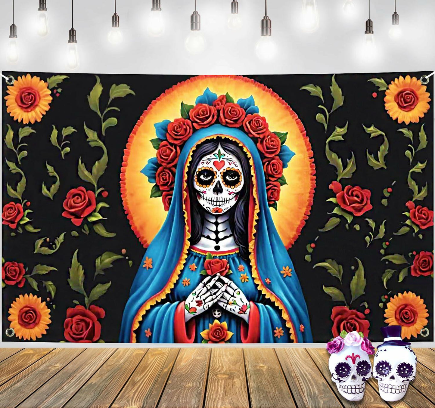 Pardi Day of the Dead Backdrop Banner Floral Black Red Mexican Fiesta Decor