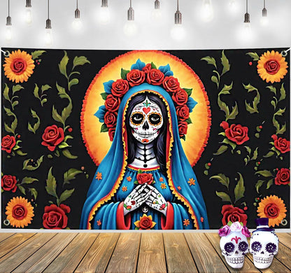 Pardi Day of the Dead Backdrop Banner Floral Black Red Mexican Fiesta Decor
