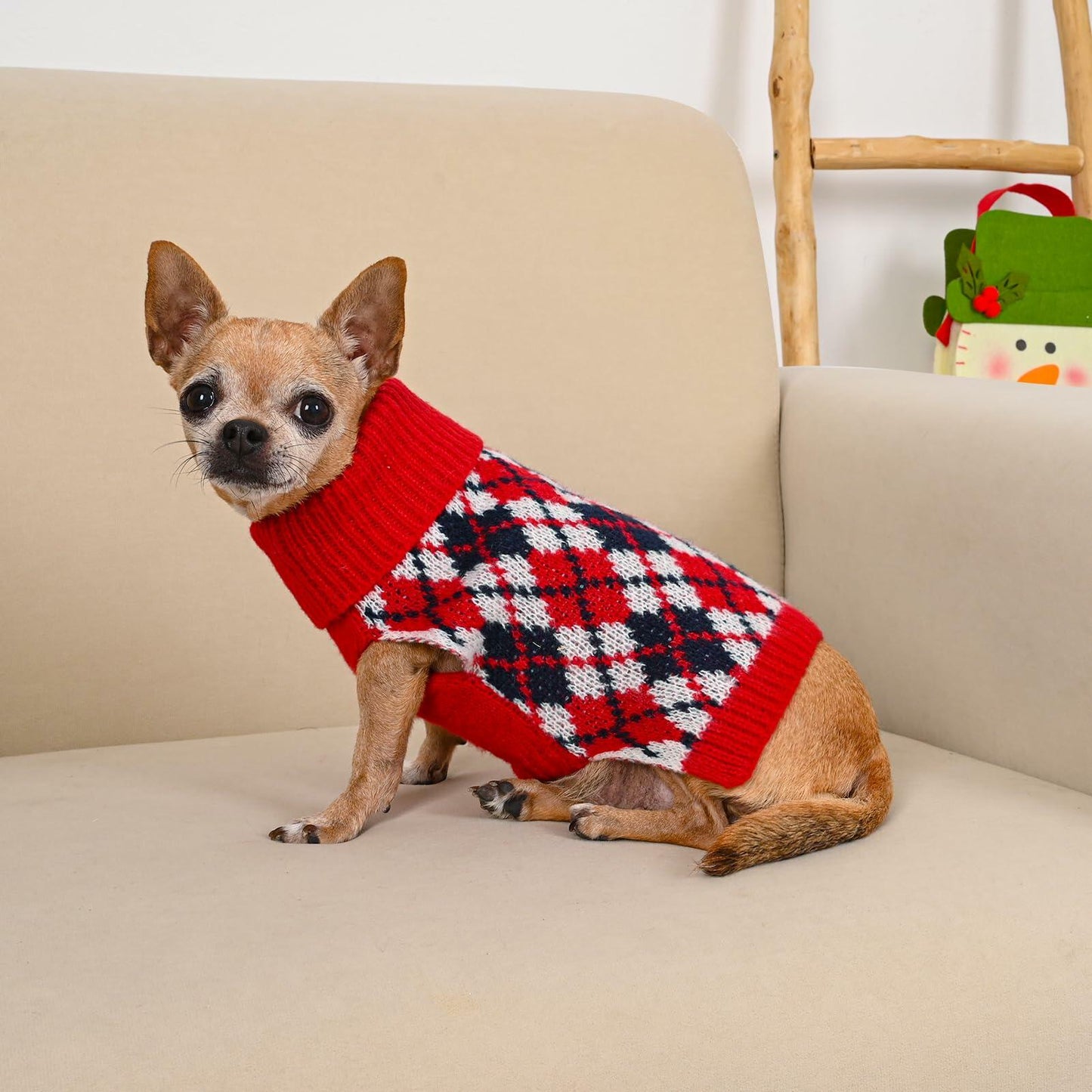 KCFESTIHUE Dog Sweater Plaid Knit Turtleneck Pullover Red Blue Size XS