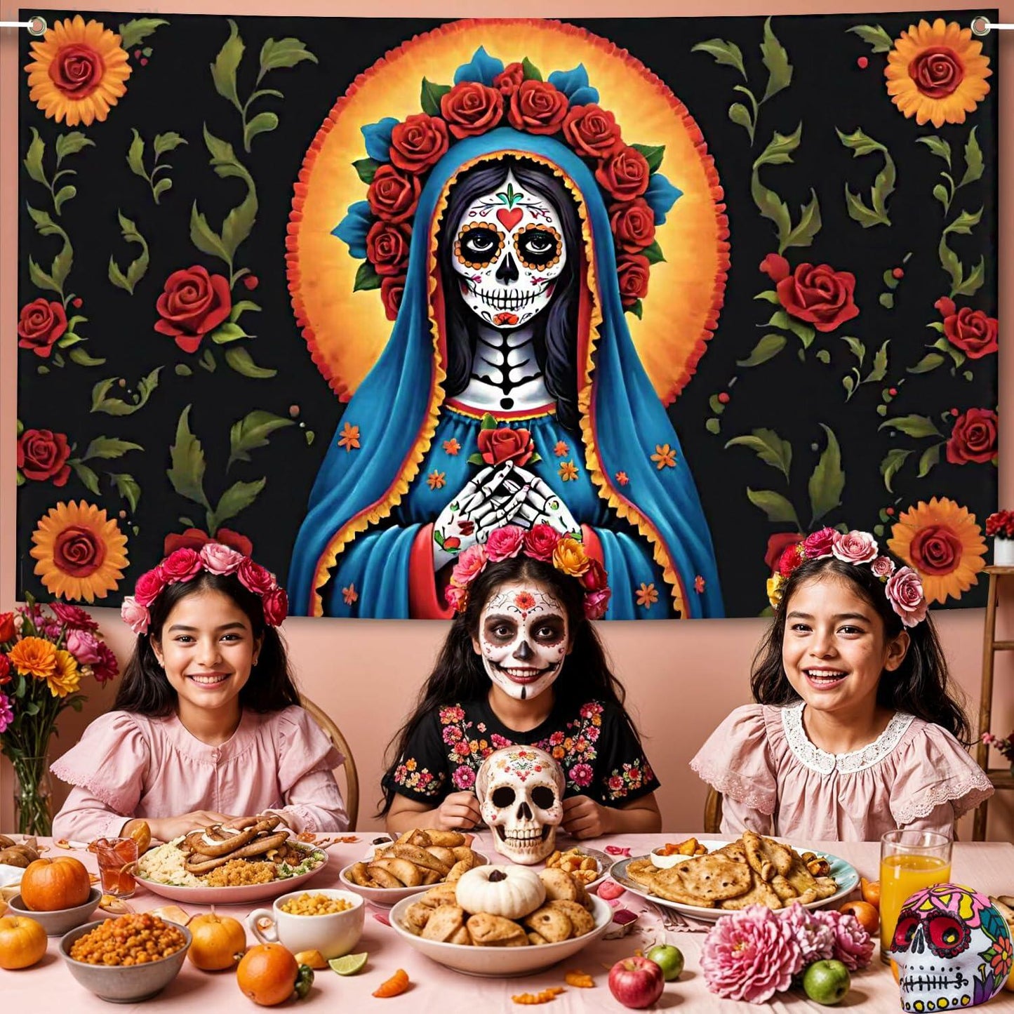 Pardi Day of the Dead Backdrop Banner Floral Black Red Mexican Fiesta Decor