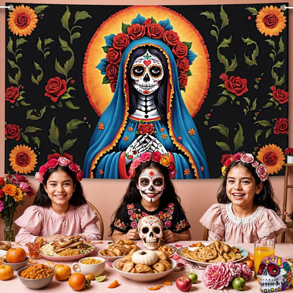 Pardi Day of the Dead Backdrop Banner Floral Black Red Mexican Fiesta Decor
