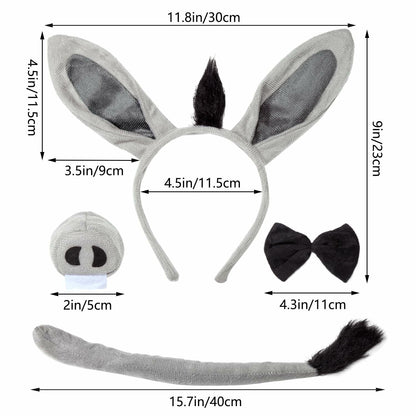 JIALWEN Donkey Costume Set Ears Nose Tail Bowtie Animal Kit Gray One Size