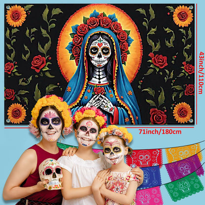 Pardi Day of the Dead Backdrop Banner Floral Black Red Mexican Fiesta Decor