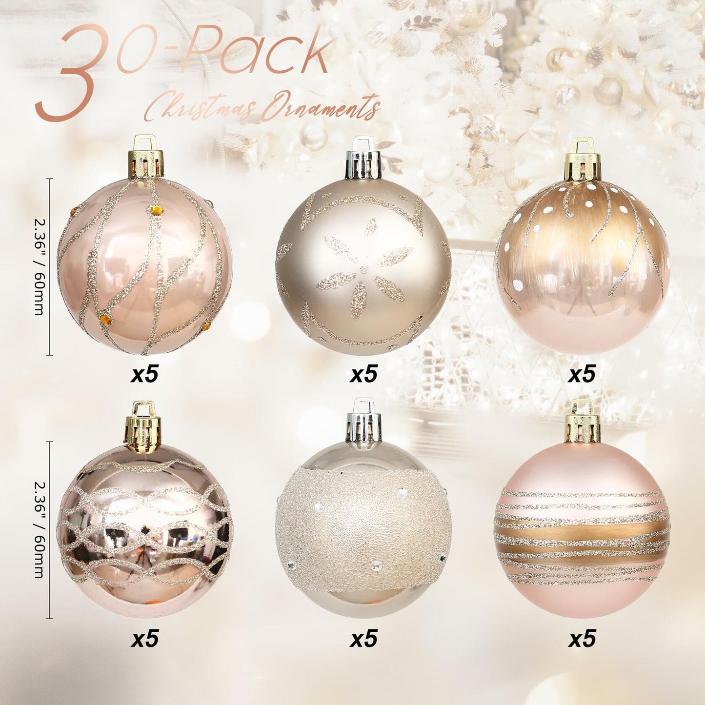 Sea Team 60mm Rose Gold Painted Sparkling Christmas Ornaments Balls 30pcs