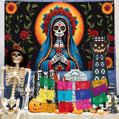 Pardi Day of the Dead Backdrop Banner Floral Black Red Mexican Fiesta Decor
