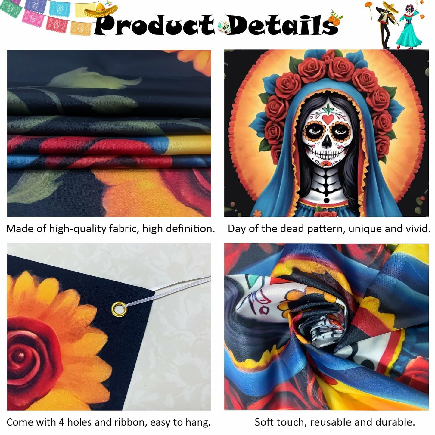 Pardi Day of the Dead Backdrop Banner Floral Black Red Mexican Fiesta Decor