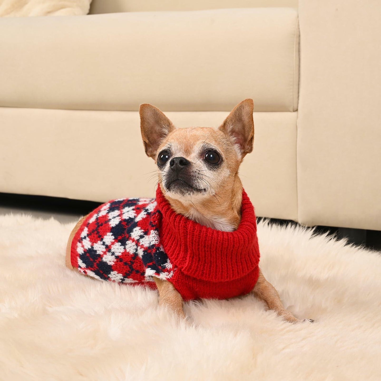 KCFESTIHUE Dog Sweater Plaid Knit Turtleneck Pullover Red Blue Size XS
