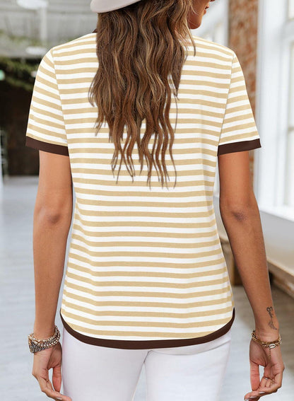 KISSMODA Womens Casual Striped Color Block T Shirt A Khaki Size L