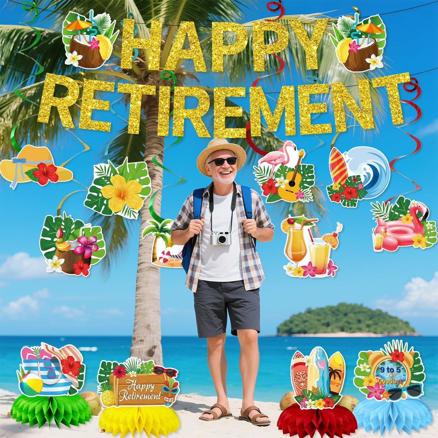 delaimastor Beach Retirement Party Decorations Banner Honeycomb Swirl 13pcs