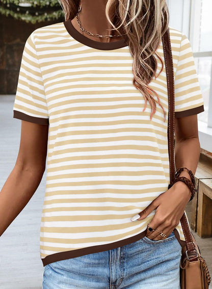 KISSMODA Womens Casual Striped Color Block T Shirt A Khaki Size L