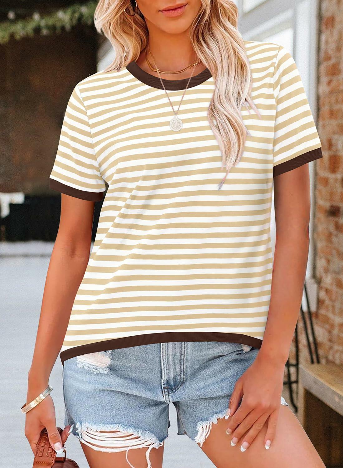 KISSMODA Womens Casual Striped Color Block T Shirt A Khaki Size L