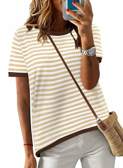 KISSMODA Womens Casual Striped Color Block T Shirt A Khaki Size L