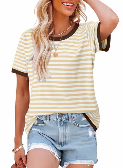 KISSMODA Womens Casual Striped Color Block T Shirt A Khaki Size L