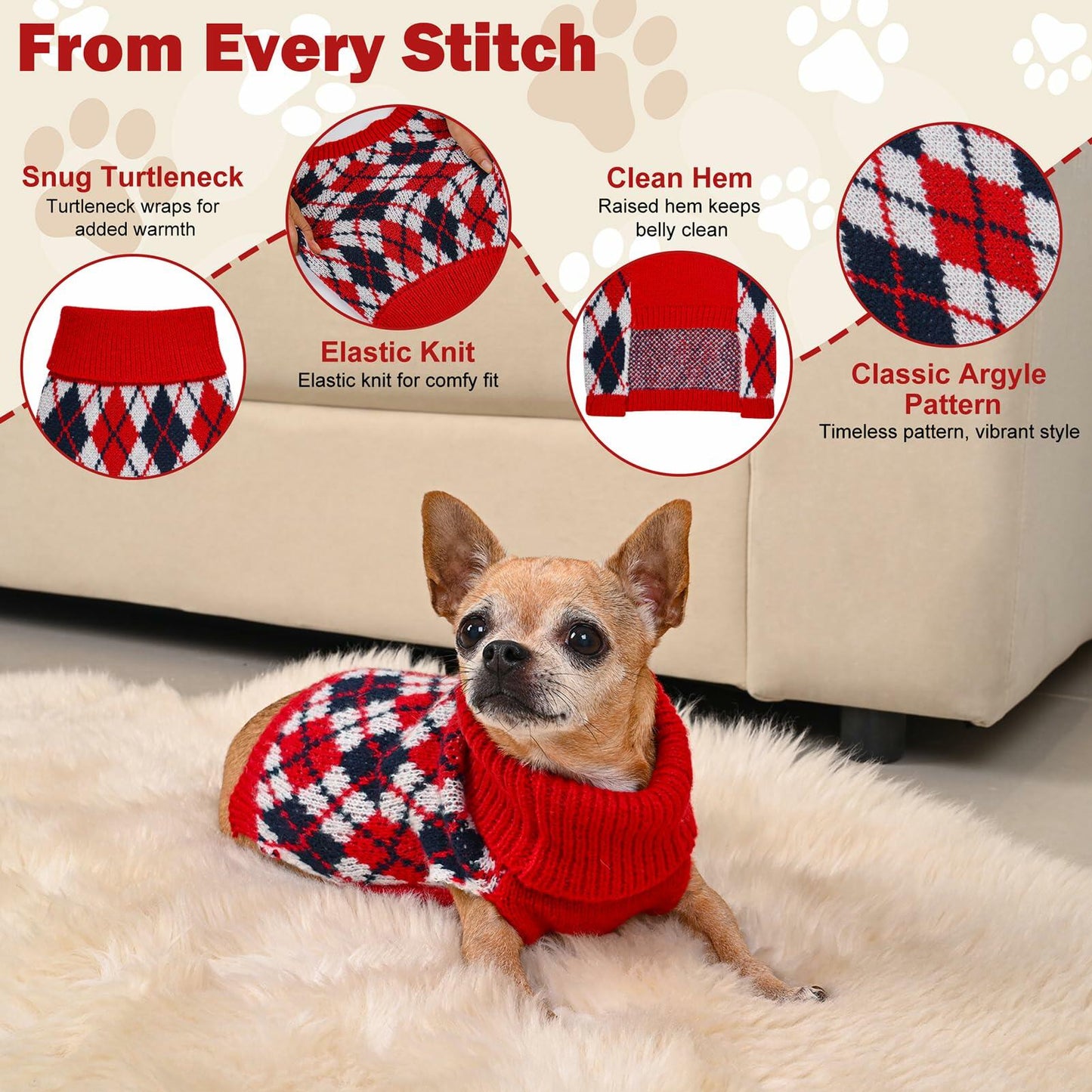 KCFESTIHUE Dog Sweater Plaid Knit Turtleneck Pullover Winter Red Blue S