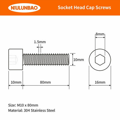 NIULUNBAO M10-1.5x80mm Hex Socket Head Cap Screw 304 Stainless Steel 6PCS Silver